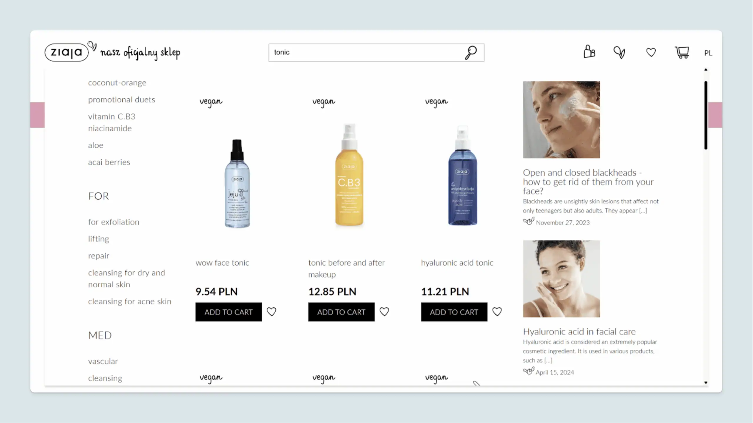 Luigi’s Box Search fits and works perfectly to improve shopping for Ziaja’s customers.
